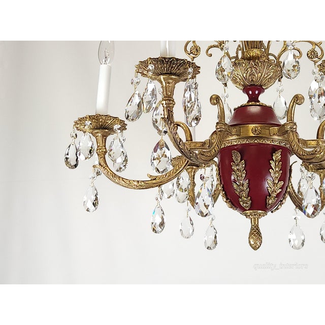 Antique 6 Light Shimmering Oxblood Empire Brass Cut Lead Crystal Chandelier ~ Rewired ~ Restored ~ Rejuvenated ~ Ready to Hang ~ For Sale In South Bend - Image 6 of 12
