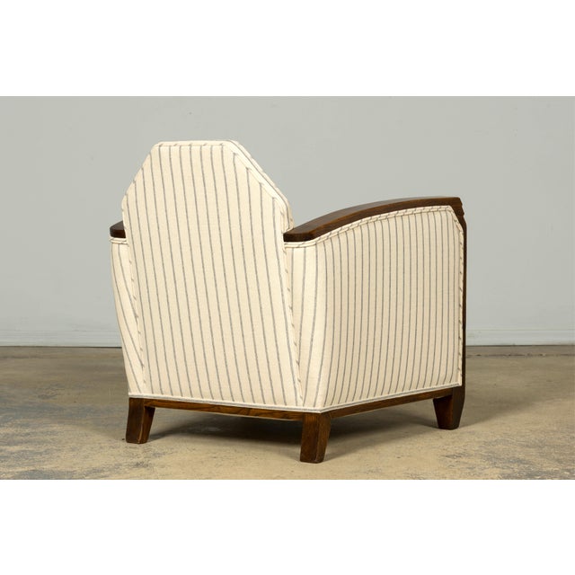 Pair of 1930s French Art Deco Oak Lounge Chairs in Blue Striped Fabric For Sale - Image 11 of 17