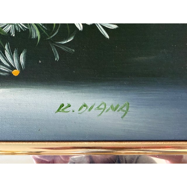 Original vintage oil painting depicting a bouquet of white daisies arranged in a pottery vase against a dark background....