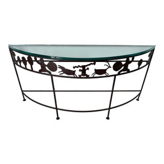 1980’s Rosemary Pozzi Franzetti Taos Style Hand-Cut Oxidized Steel Demilune Console Table For Sale