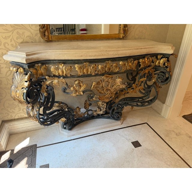 Gilt Iron & Stone Top Console –Rose Tarlow– Hand‑Forged Scrollwork & Classical Elegance For Sale In Chicago - Image 6 of 18