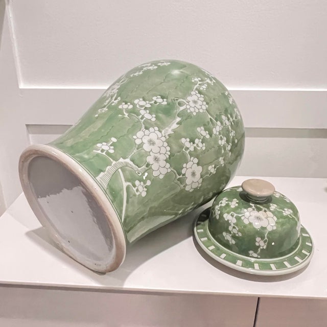 Celadon Large Celadon Green Cherry Blossom Ginger Jar – Hand Painted Chinoiserie Porcelain Lidded Vase For Sale - Image 8 of 12