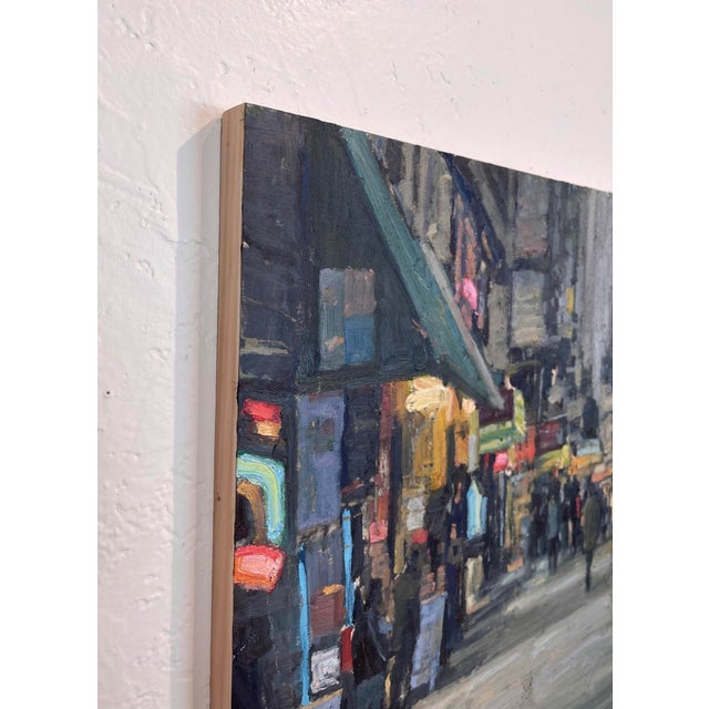Contemporary Sidewalks in Greys by Jim Beckner | Oil on Board Nighttime city street with people and lights. For Sale - Image 3 of 5