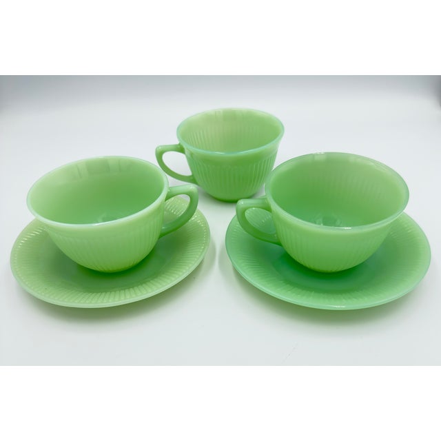 1940s Fire King Coffee Tea Cup & Saucer Jane Ray JadeIte by Anchor Hocking 5pc Set For Sale In Palm Springs - Image 6 of 9