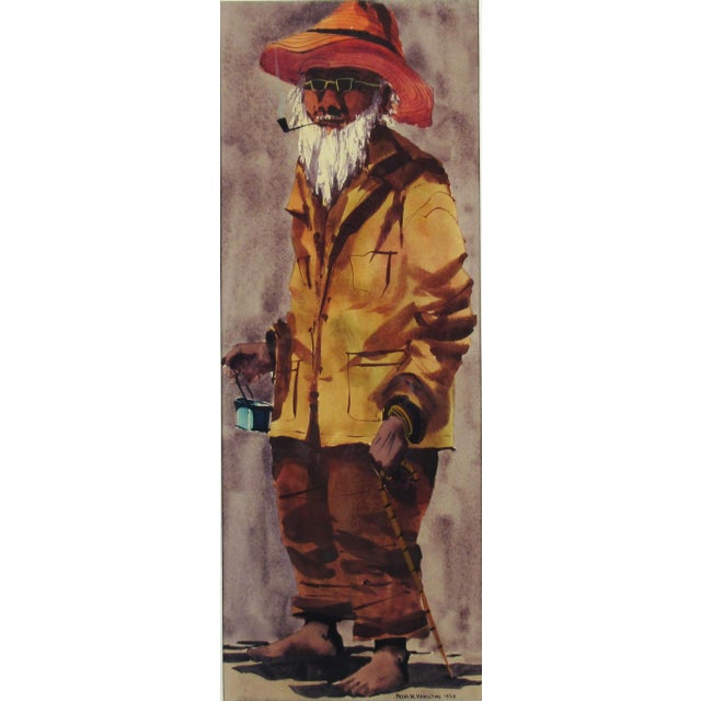 This artwork titled "Blind Beggar" 1959 is a watercolor and gouache on paper laid down on board by noted California artist...