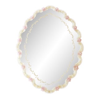 Vintage Pink Murano Glass Flowers Venitian Mirror For Sale
