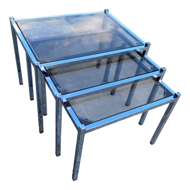 Vintage Chrome and Glass Nesting Tables, 1970, Set of 3 For Sale