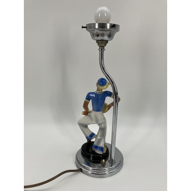 Art Deco Table Lamp with Glazed Ceramic Figure of Matrosine with a Star-Shaped Lamp Glass in Blue, Germany, 1930s For Sale - Image 13 of 18