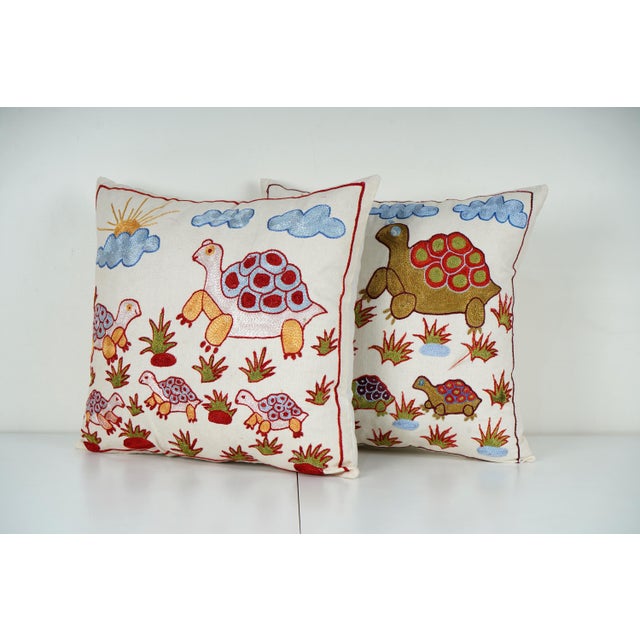 Mid-Century Modern Embroidered Turtle Suzani Pillow Cover - A Pair For Sale - Image 3 of 6