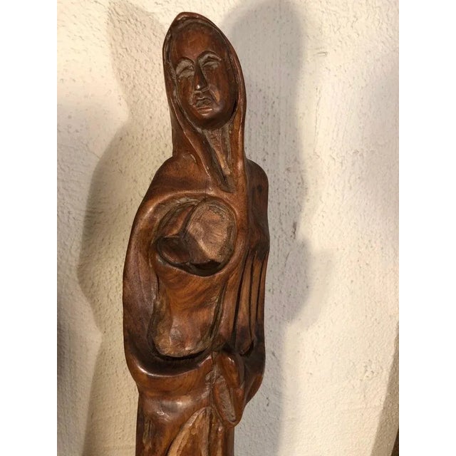 1960s Large Mid Century Hand Carved Wooden Mother and Child Statue For Sale - Image 5 of 13