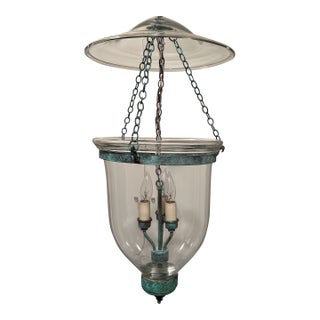 1960s Clear Glass Bell Jar Lantern With Aged Copper Chain, Post and Ring For Sale