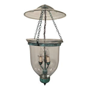 1960s Clear Glass Bell Jar Lantern With Aged Copper Chain, Post and Ring