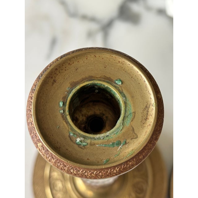 Antique French Empire Revival Gilt Brass & Cut Glass Candlesticks - A Pair For Sale - Image 13 of 13