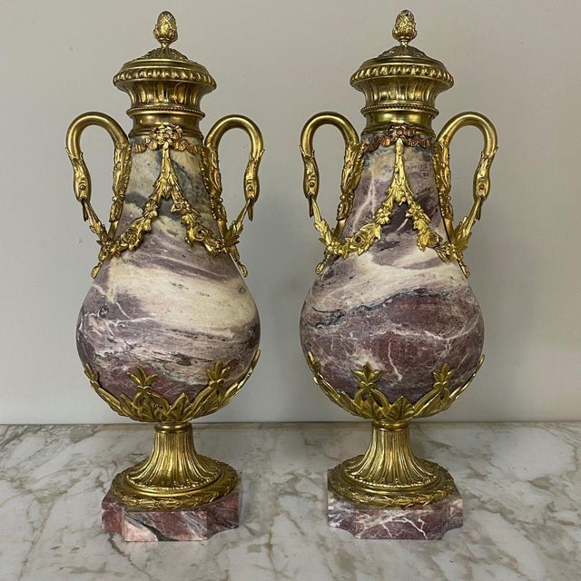 Metal Pair 19th Century French Louis XVI Marble & Bronze d'Or Cassolettes For Sale - Image 7 of 13