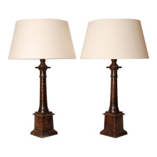 Vintage French Traditional Tablelamps Empire Style Cast Iron Bronze Beige Linen Shade - A Pair For Sale