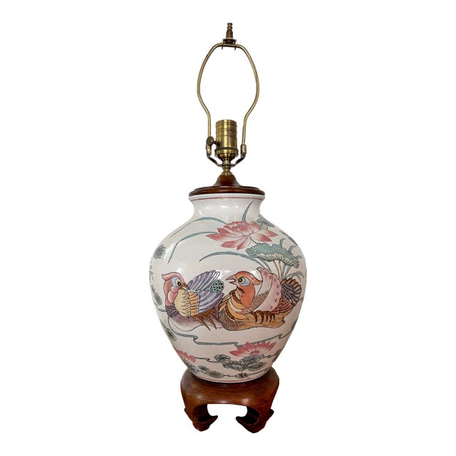1980s Chinoiserie Style Wildwood Lamp With Lotus and Waterfowl Motif For Sale