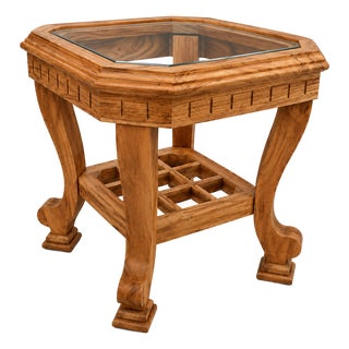 Handmade Wooden Side Table With Glass Top, Carved Wood End Table, Luxury Bedside Table, Vintage Accent Table, Solid Wood Nightstand Decor For Sale