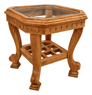Handmade Wooden Side Table With Glass Top, Carved Wood End Table, Luxury Bedside Table, Vintage Accent Table, Solid Wood Nightstand Decor