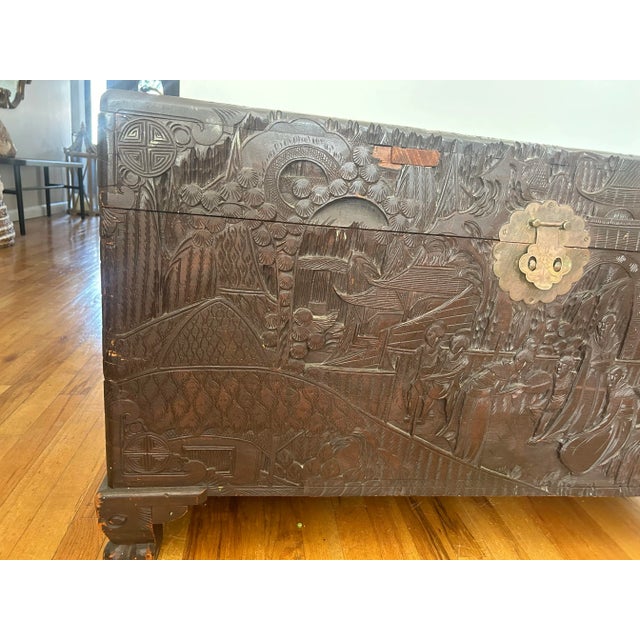 Asian Carved Camphor Dark Wood Chest 1940s For Sale - Image 3 of 10