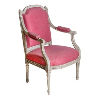 French Louis XVI Style 19th Century Painted Fauteuil with Abundant Carved Décor For Sale