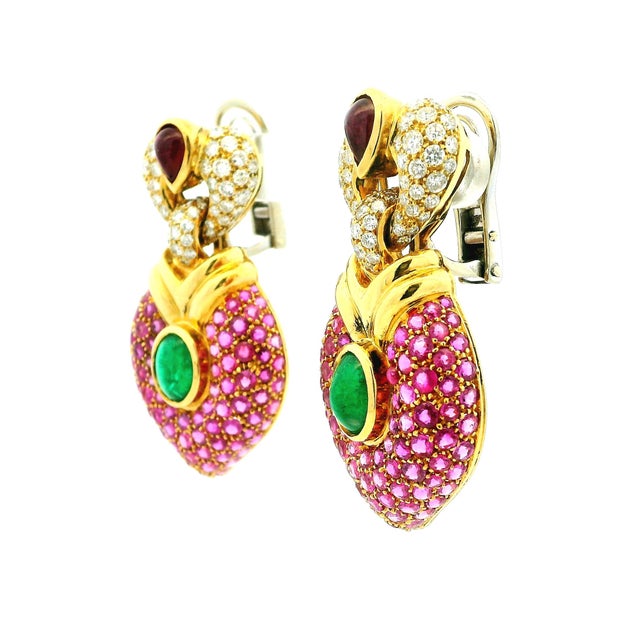 Pink Vintage 1980s 18k Gold Ruby Emerald & Diamond Drop Earrings, Pair For Sale - Image 8 of 11