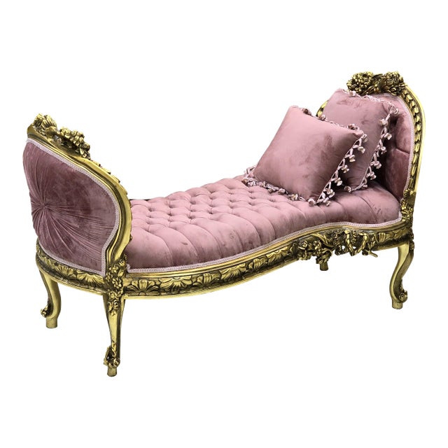 French Style Pink Velvet Bench With Gold Details For Sale