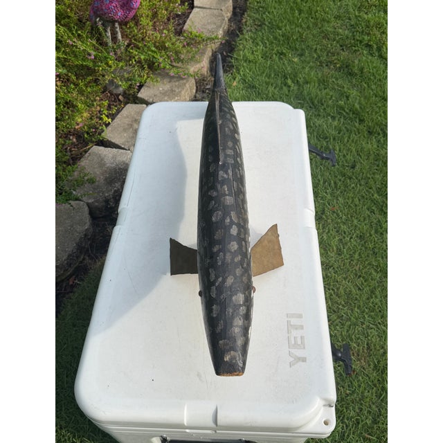 Vintage Large Hand-Carved Folk Art Fish Centerpiece With Hand-Forged Steel Fins For Sale - Image 9 of 12