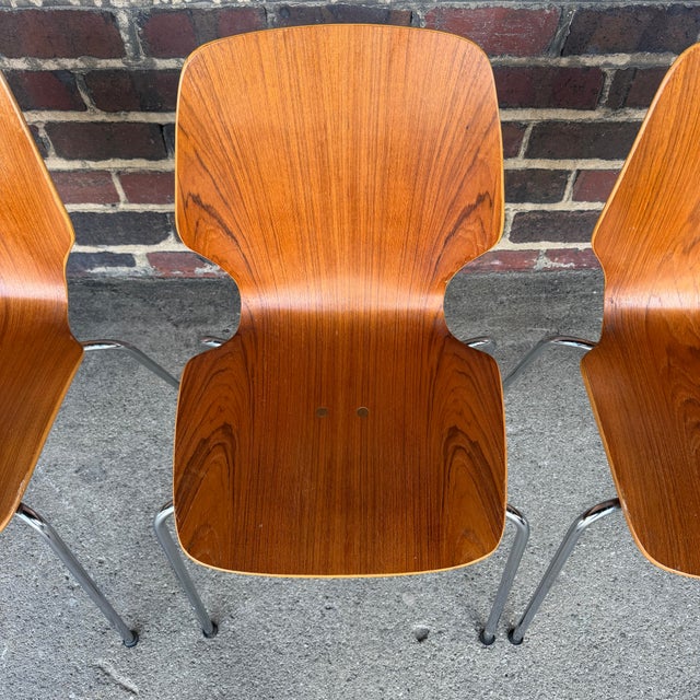 Mid-Century Modern Westnofa Teak and Chrome Dining Chairs Stacking – Set of 4 For Sale In Cleveland - Image 6 of 12
