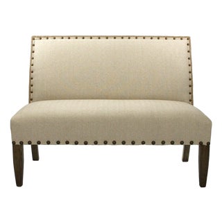 Margot Bronze Stud Bench in Natural Linen with Weathered Gray Frame For Sale