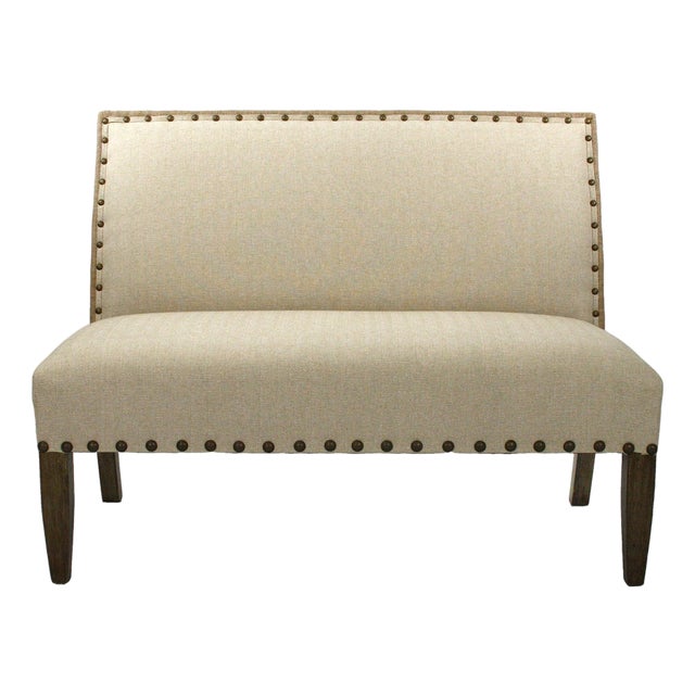Margot Bronze Stud Bench in Natural Linen with Weathered Gray Frame For Sale