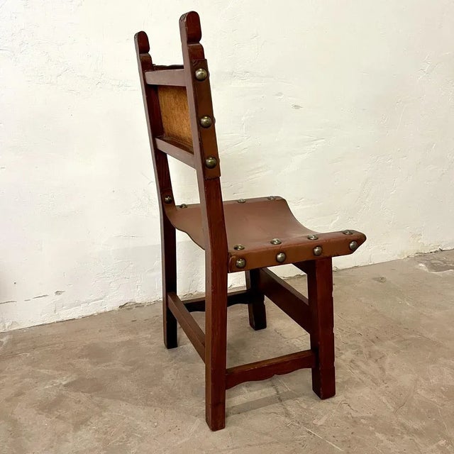 Spanish Chair in Leather and Carved Wood, 1950s For Sale - Image 4 of 12
