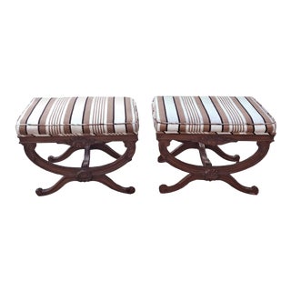 Ethan Allen Regency Carule Style X Base Ottomans With Striped Seats - a Pair For Sale