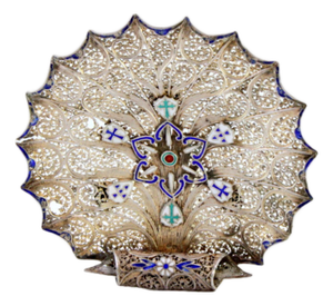 Filigree Silver Ring with Portuguese Symbols in Enamel and Ball-Shaped Feet