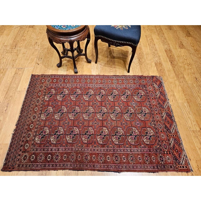Red Vintage Turkmen Tekke Area Rug, Wool Pile, Geometric Medallion For Sale - Image 8 of 17