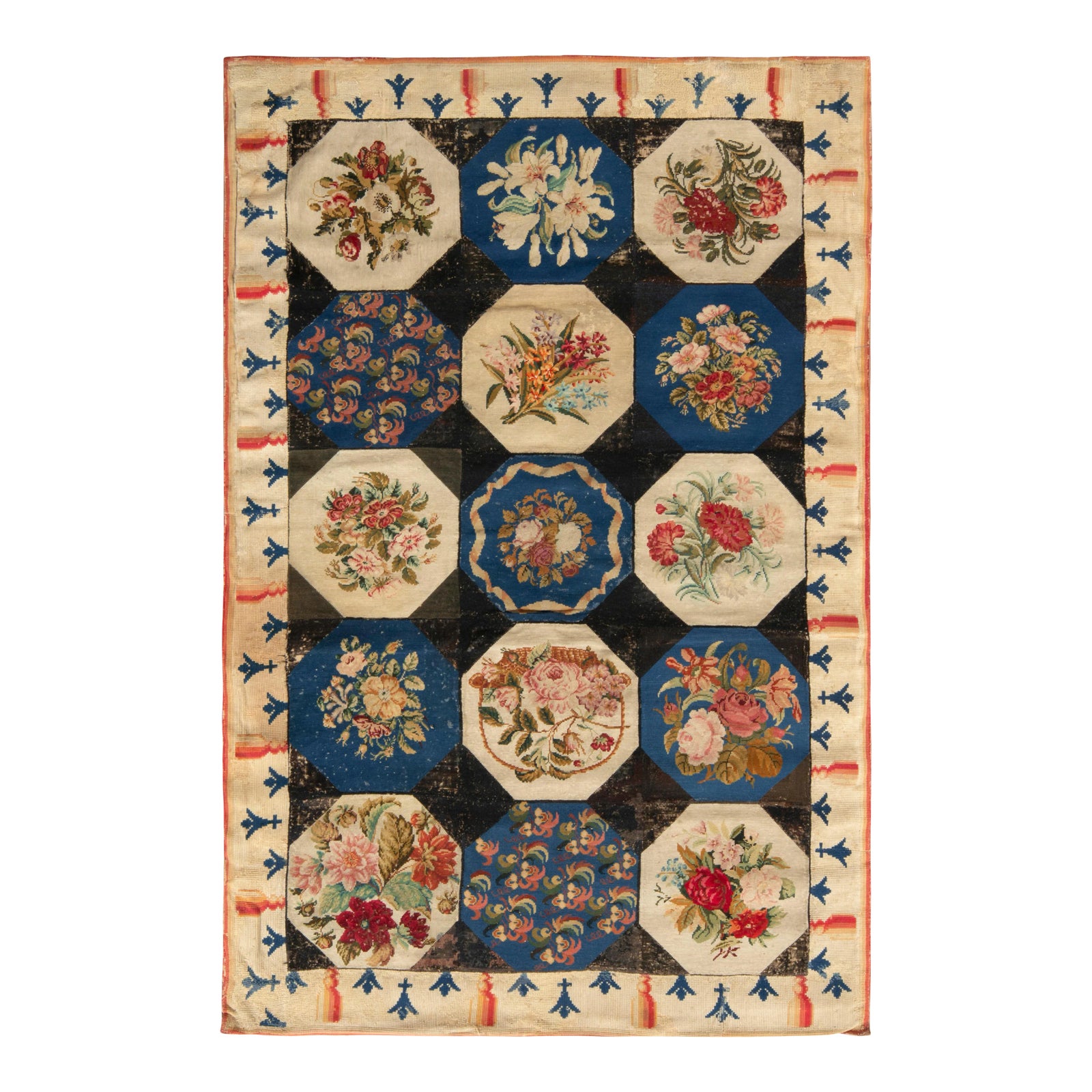 Handmade Antique English Needlepoint Rug in Blue, Beige-Brown Floral ...