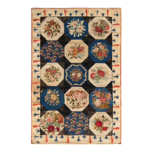 Handmade Antique English Needlepoint Rug in Blue, Beige-Brown Floral Pattern For Sale