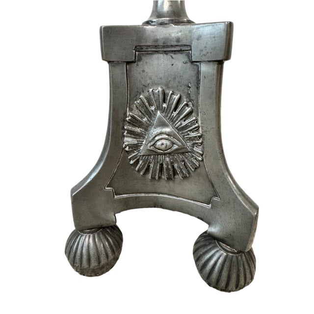 Late 19th Century Pair of Monumental Pewter Candlesticks With Eye of Providence Motif, 26” For Sale - Image 4 of 12