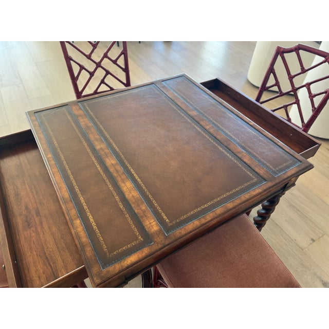 Chippendale John-Richard 39" X 39" X 30"h Eur-03-0108 Leather Top Walnut Game Table (Mah Jongg) and 4 Red Palecek Bamboo Chippendale Style Dining Chairs For Sale - Image 3 of 10