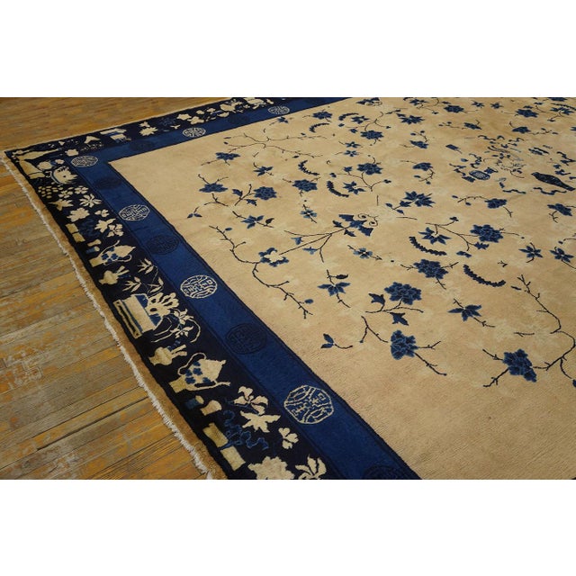 Beige 1900s Beige Background Color With Floral Design Antique Chinese Peking Rug For Sale - Image 8 of 9