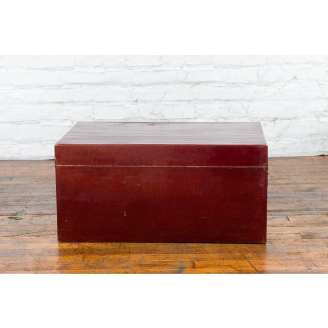 Red Early 20th Century Chinese Red Lacquered Leather Trunk with Calligraphy For Sale - Image 8 of 13