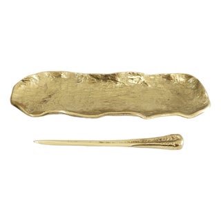 Vintage Gold Bronze Pen Tray and Letter Opener, 1960s, Set of 2 For Sale