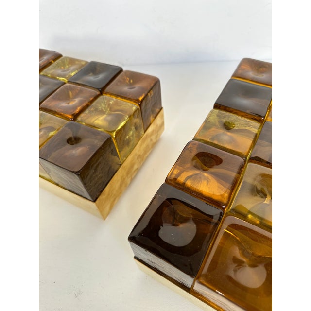 2020s Contemporary Pair of Brass and Murano Glass Cube Marquetry Lamps, Italy For Sale - Image 5 of 12
