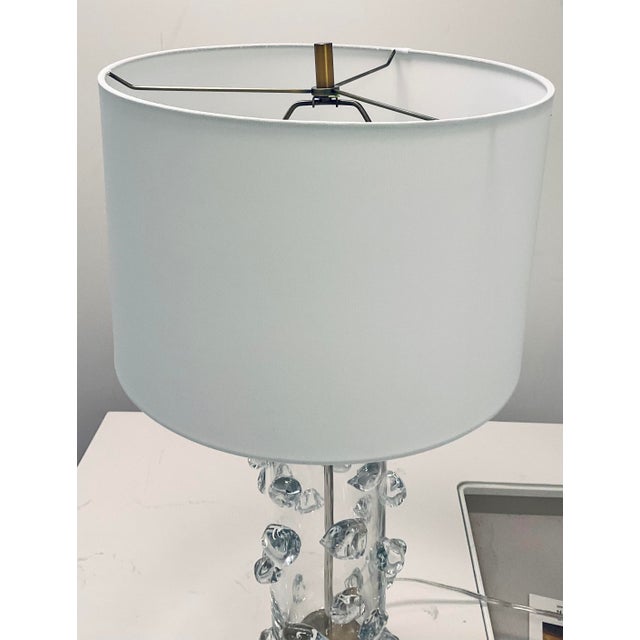Timeless Modern Handblown Clear Glass Nodules Table Lamp, antique brass base, white fabric shade, showroom floor sample