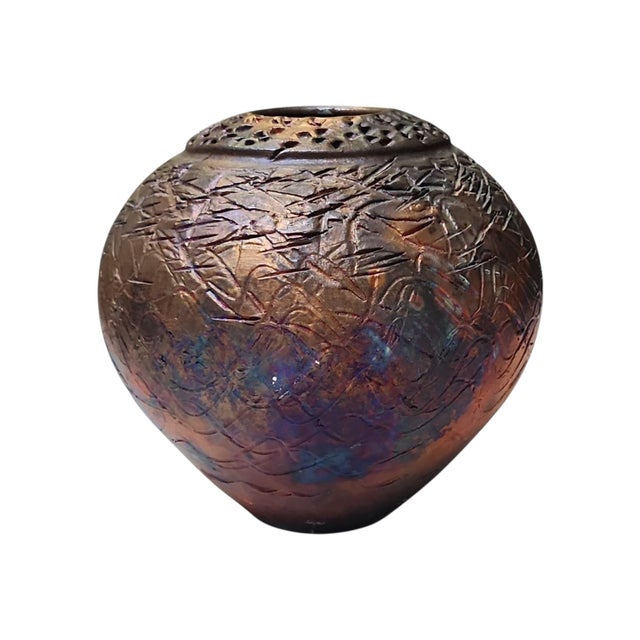 Rustic Vintage Studio Pottery Raku Lustre Glaze Vase For Sale - Image 3 of 6
