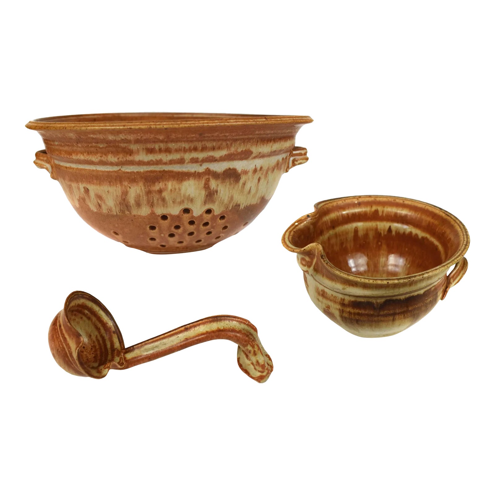 Vintage Handmade Studio Pottery Berry Colander Basket Bowl Ladle Set ...