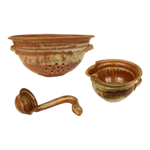 Vintage Handmade Studio Pottery Berry Colander Basket Bowl Ladle Set - 3 Pieces