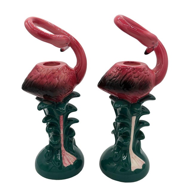 1986 Tropical Pink Flamingo Ceramic Candle Holder Pair by Five & Dime For Sale - Image 4 of 6