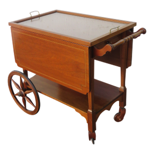 1940s Mahogany Inlay Drop Leaf Bar Server Tea Coffee Cart With Glass Tray 6052