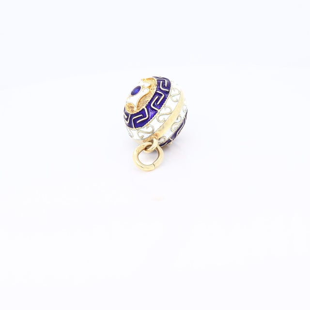 Vintage 14k Gold and Blue & White Enamel Figural Russian Style Egg Charm Pendant For Sale - Image 10 of 12