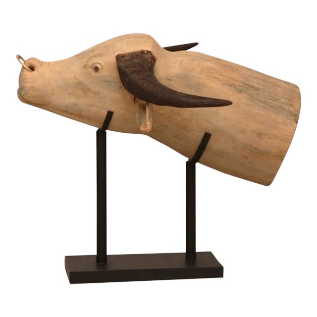 Vintage Hand Carved Water Buffalo Head Sculpture For Sale